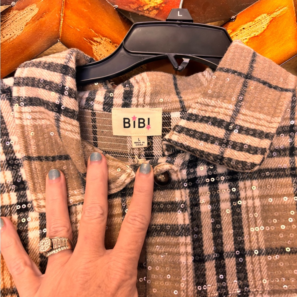 BiBi Women's Sequin Plaid Blazer - Black and Tan